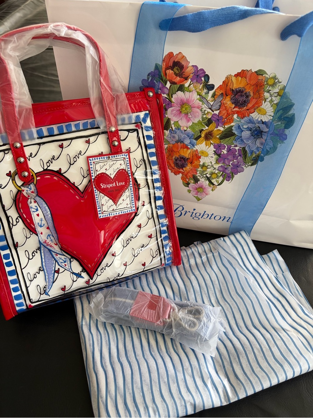 Brighton Red and White Heart Tote with Blue Accents
